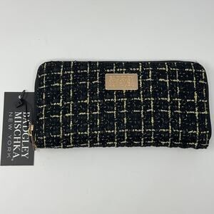Badgley Mischka New York Black Gold Tweed Zip Wallet 8x4x1 Inches